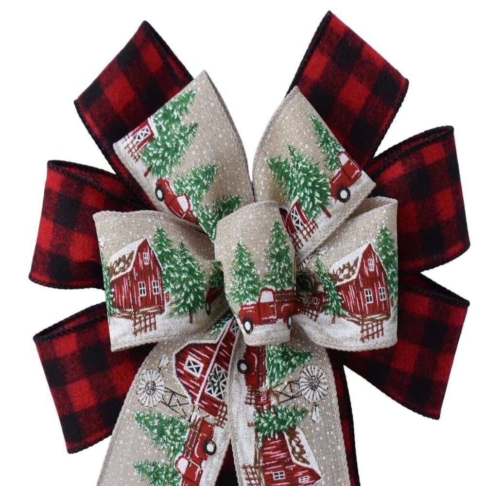 1 Pcs 10" Hand Made Farmhouse Wired Wreath Bow 2 Ribbon Country Plaid