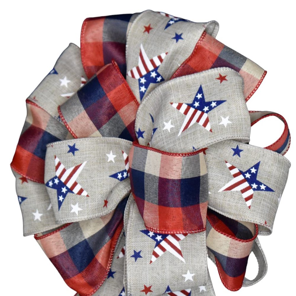 1 Pcs 10" Hand Made Puff Patriotic Wired Bow Flag Red White Blue Star Independence
