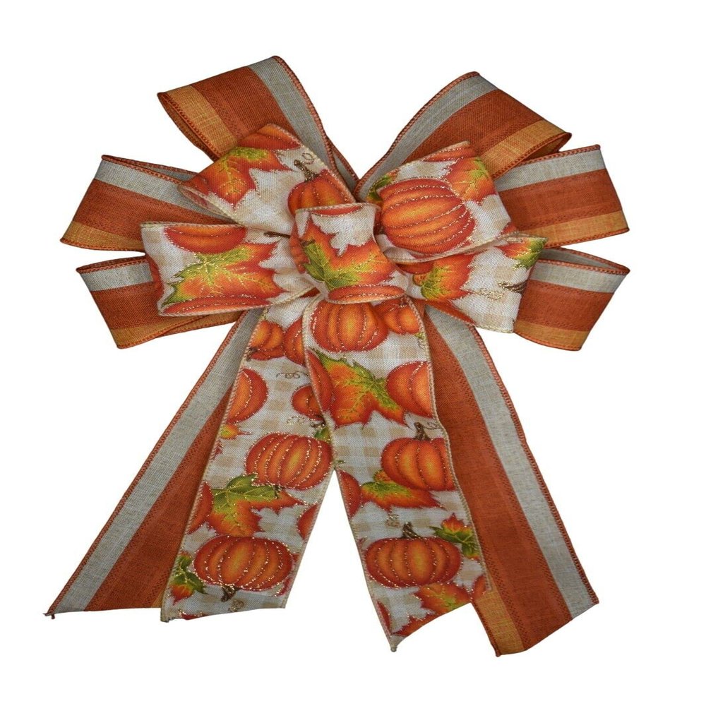 1 Pcs 10" Hand Made Pumpkin Wired Wreath Bow 2 Ribbon Fall Thanksgiving Orange