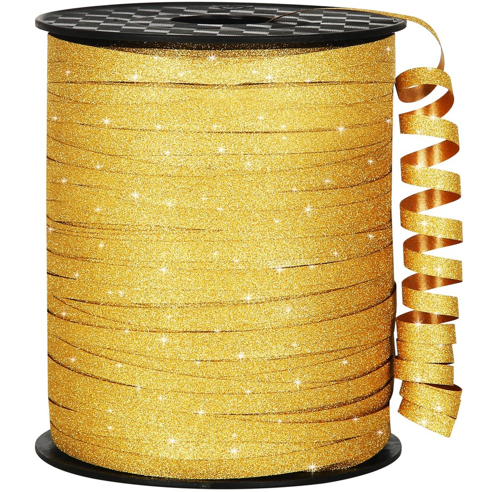 OMISELIO 500 Yards Gold Ribbon Curling Glitter, Balloon String, Shiny Metallic Curly Roll for Gift Wrapping Ribbon for Christmas, New Years, Graduations, Birthday Decoration, 3/16"