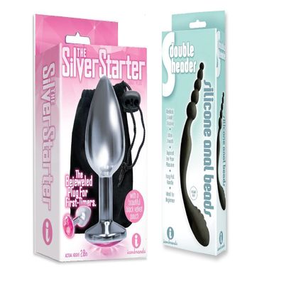 Sexy, Kinky Gift Set Bundle of The Silver Starter, Bejeweled Stainless Steel Plug and Icon Brands The 9's, S-Double Header, Double Ended Silicone Anal Beads