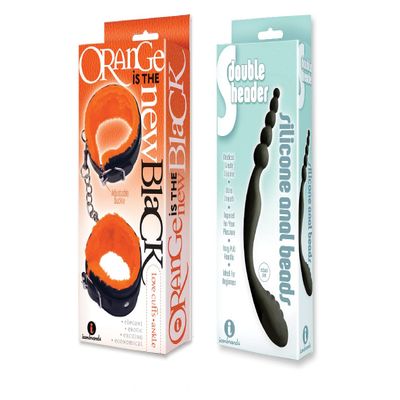 Sexy, Kinky Gift Set Bundle of Orange is The New Black, Love Cuffs, Ankle and Icon Brands The 9's, S-Double Header, Double Ended Silicone Anal Beads
