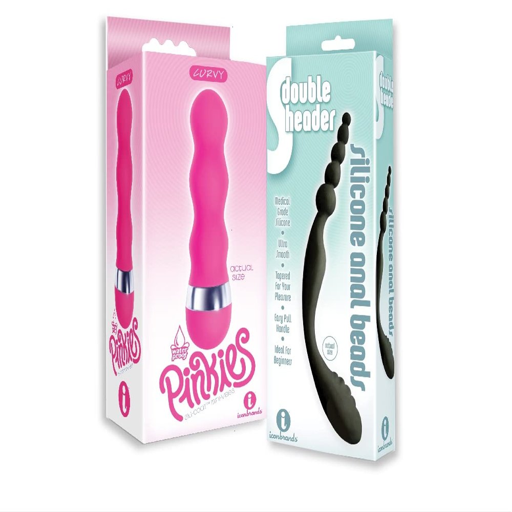 Sexy, Kinky Gift Set Bundle of Pinkies, Curvy and Icon Brands The 9's, S-Double Header, Double Ended Silicone Anal Beads