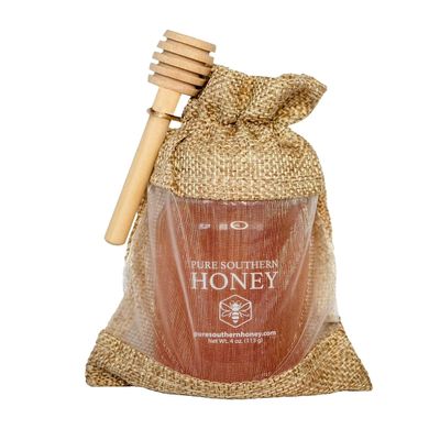 100% Authentic, USA  Made [ 4 oz ] MINI Raw Unfiltered Honey Gourmet Gift Bag with Dipper, Pure Southern Honey - Unheated - Non - GMO, No Additives, All - Natural Sweetener- Environmental-Friendly Glass Jar