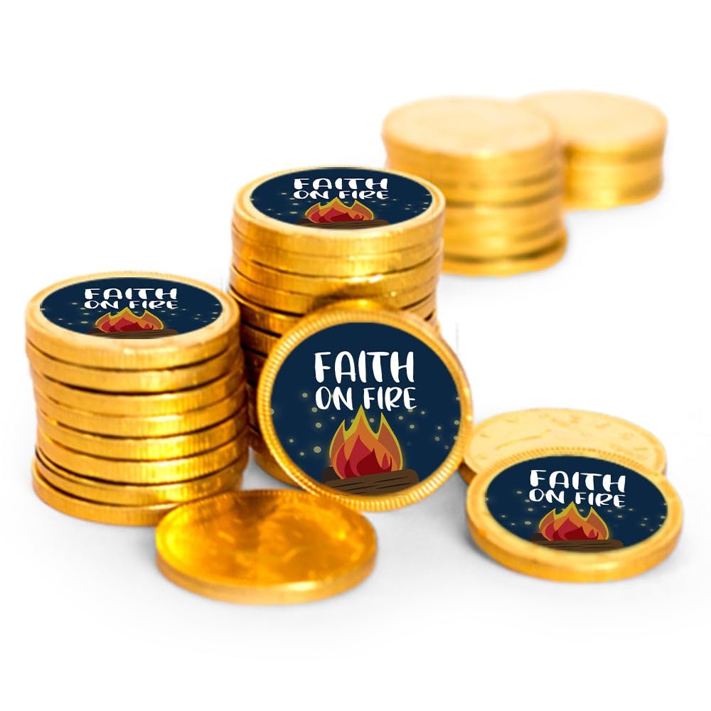 80ct Vacation Bible School Candy Religious Party Favors Chocolate Coins Faith on Fire (80 Count) - Gold Foil - By Just Candy