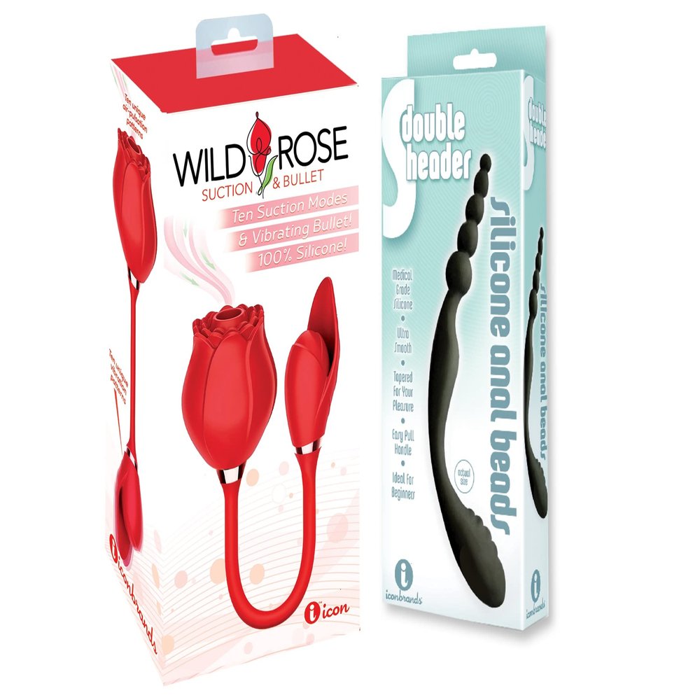 Sexy, Kinky Gift Set Bundle of Wild Rose and Bullet and Icon Brands The 9's, S-Double Header, Double Ended Silicone Anal Beads