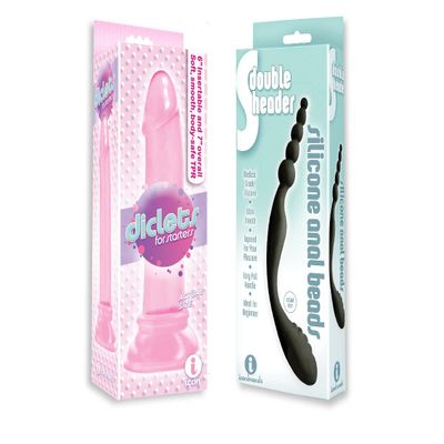 Sexy, Kinky Gift Set Bundle of Diclets Pink Jelly TPR Dong and Icon Brands The 9's, S-Double Header, Double Ended Silicone Anal Beads