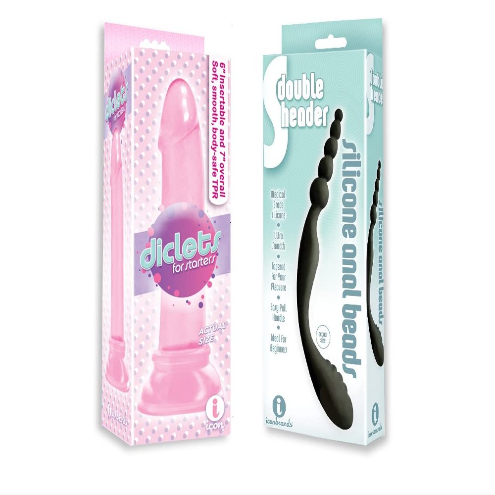 Sexy, Kinky Gift Set Bundle of Diclets Pink Jelly TPR Dong and Icon Brands The 9's, S-Double Header, Double Ended Silicone Anal Beads