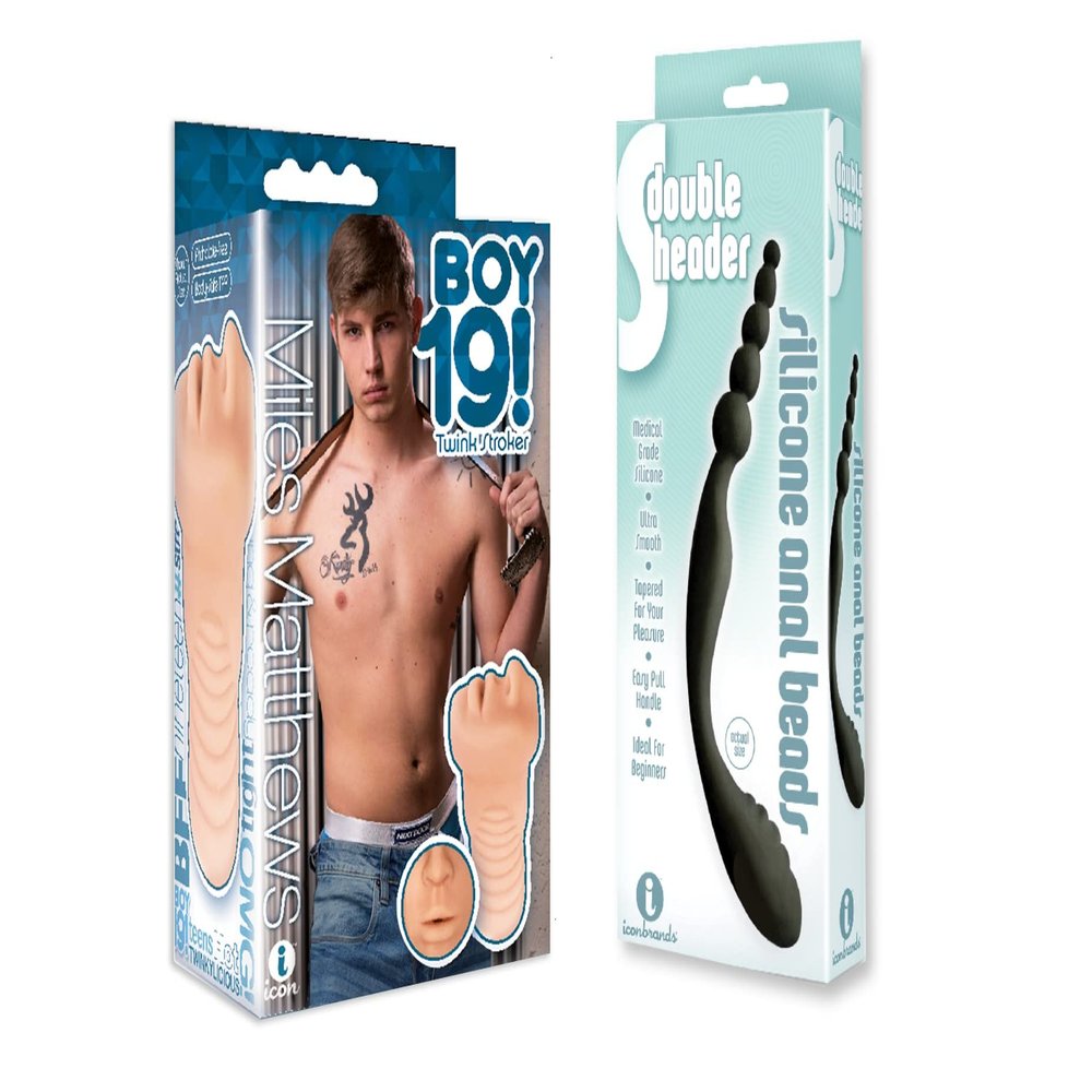 Sexy, Kinky Gift Set Bundle of Boy 19! Twink Stroker, Miles Matthews and Icon Brands The 9's, S-Double Header, Double Ended Silicone Anal Beads