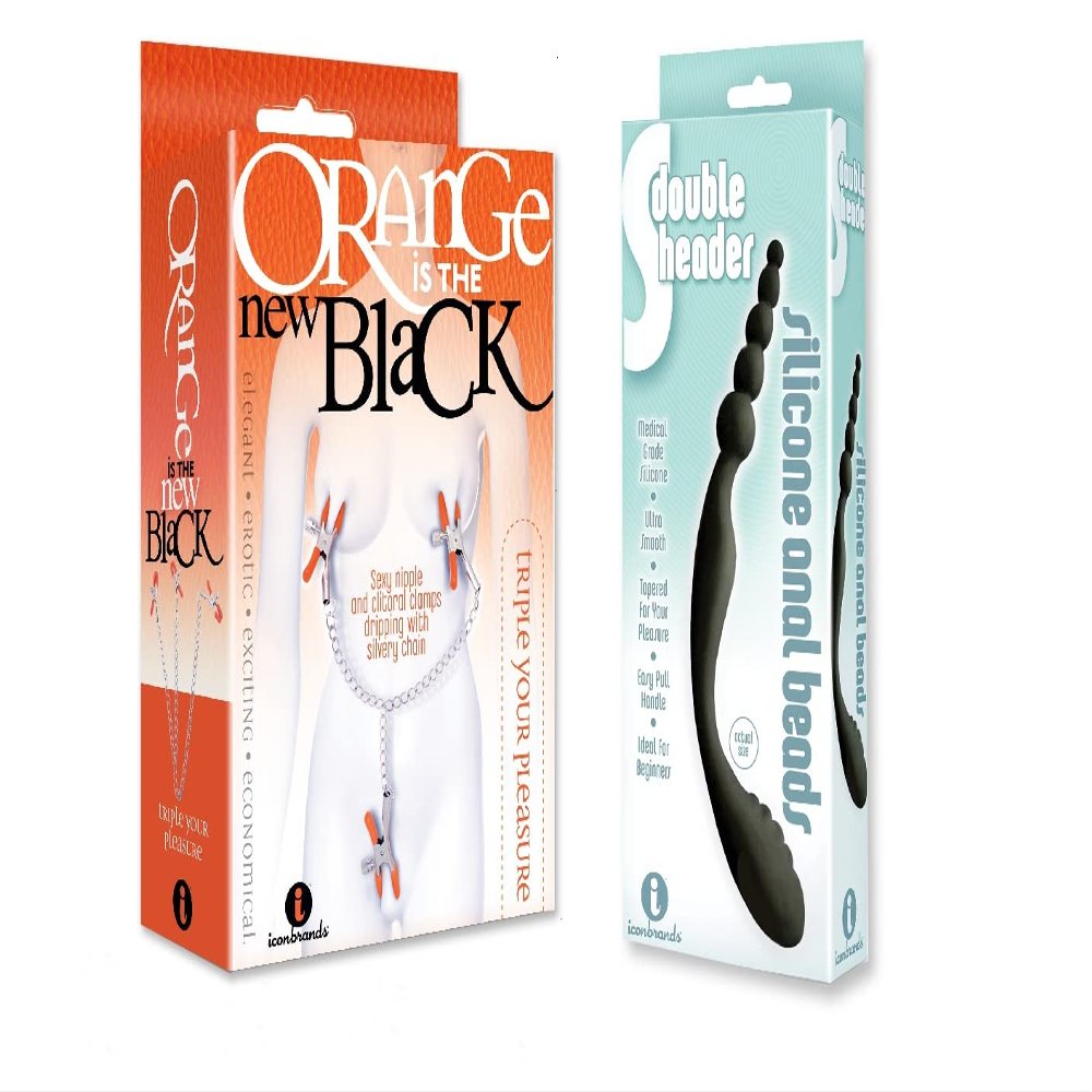 Sexy, Kinky Gift Set Bundle of Orange is The New Black, Triple Your Pleasure Clamps & Chain and Icon Brands The 9's, S-Double Header, Double Ended Silicone Anal Beads