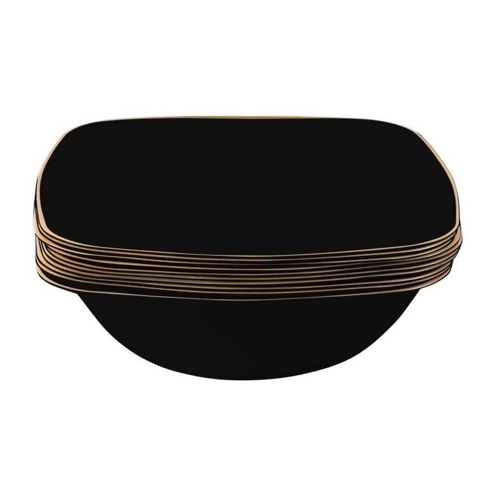 EcoQuality 16 oz Black Plastic Square Bowls with Gold Rim - Disposable Plastic Soup Bowls, Heavy Duty Plastic Salad Bowls, Dessert Bowl for Baby Showers, Weddings, Birthday Party (30 PACK)