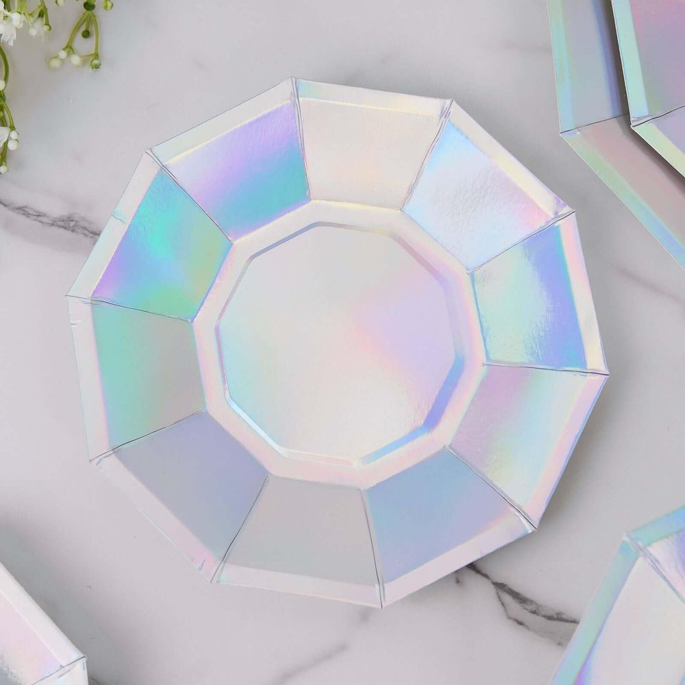 Tableclothsfactory 25 Pack | 7.5" Iridescent Decagonal Premium Dinner Paper Plates - 300 GSM for Wedding Receptions, Banquets, Catered Events