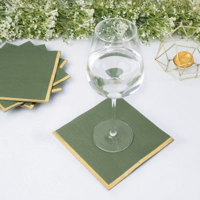 Tableclothsfactory 50 Pack | 2 Ply Soft Olive Green with Gold Foil Edge Party Paper Napkins, Dinner Cocktail Beverage Napkins