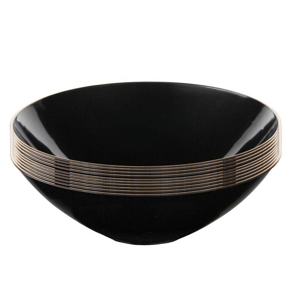 EcoQuality 16 oz Black Plastic Round Bowls with Gold Rim - Disposable Plastic Soup Bowls, Heavy Duty Plastic Salad Bowls, Dessert Bowl for Baby Showers, Weddings, Birthday Party (240 PACK)