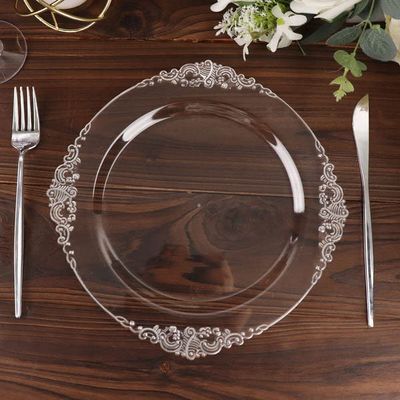 Tableclothsfactory 10 Pack | Clear/Silver Baroque 10" Round Plastic Dinner Plates, Disposable Tableware with Leaf Embossed Gold Rim