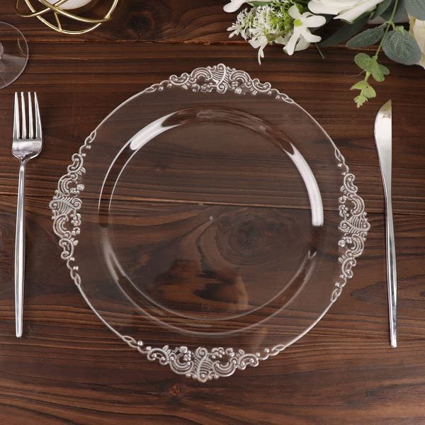 Tableclothsfactory 10 Pack | Clear/Silver Baroque 10" Round Plastic Dinner Plates, Disposable Tableware with Leaf Embossed Gold Rim