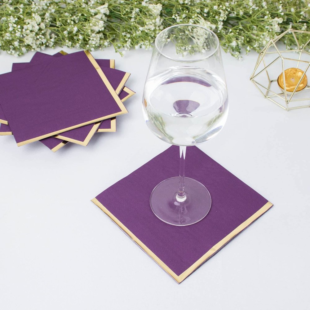 Tableclothsfactory 50 Pack | 2 Ply Soft Purple with Gold Foil Edge Party Paper Napkins, Dinner Cocktail Beverage Napkins