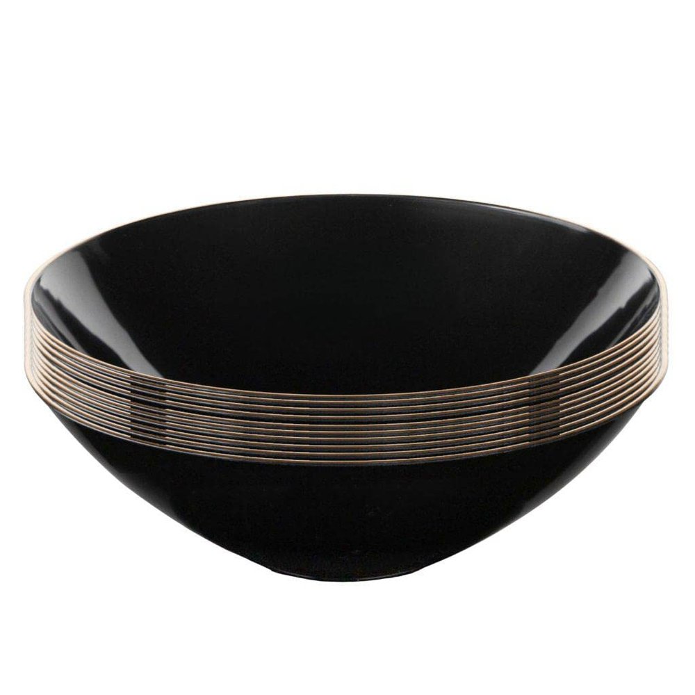 EcoQuality 16 oz Black Plastic Round Bowls with Gold Rim - Disposable Plastic Soup Bowls, Heavy Duty Plastic Salad Bowls, Dessert Bowl for Baby Showers, Weddings, Birthday Party (20 PACK)