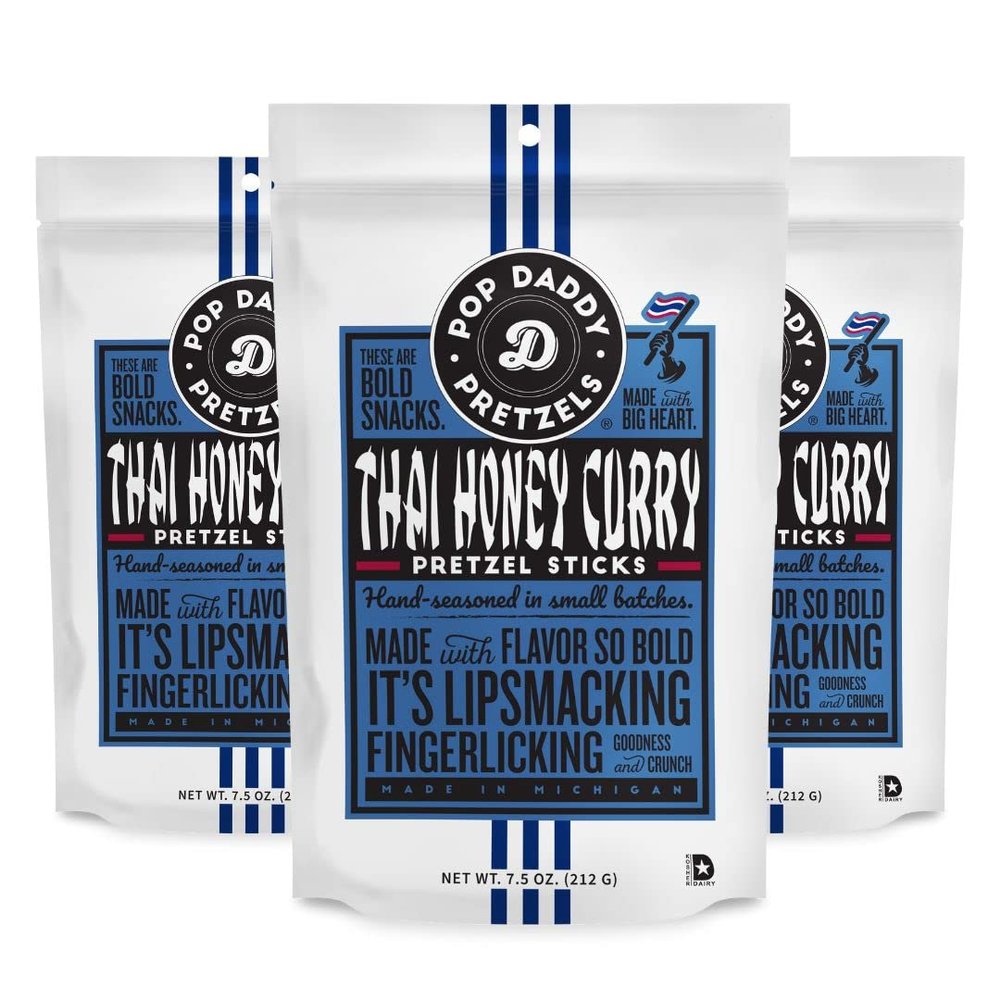 Pop Daddy Flavored Pretzels Sticks, Healthy Gourmet Pretzels Snacks, 7.5oz Individual Bags, 3 Pack, Thai Honey Curry