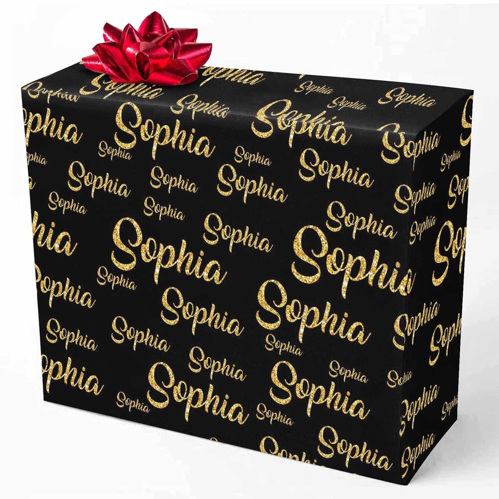 MyPupSocks Personalized Golden Glitter Name Wrapping Paper with Logo, Custom Gift Wrapping Paper Roll for Friend Sister BFF Customized Birthday Christmas Graduation Wrap Paper 58x23 5 Rolls