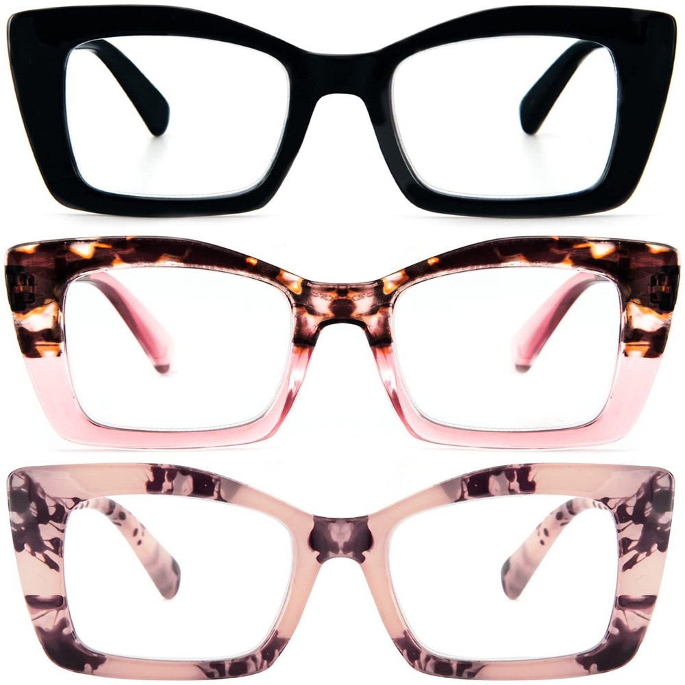 REAVEE 3 Pack Oversized Square Reading Glasses Oprah Style for Women, Blue Light Blocking Large Frame Computer Designer Fashion Readers with Spring Hinge (Black/Pink Tortoise/Tortoise Pink,1.0)