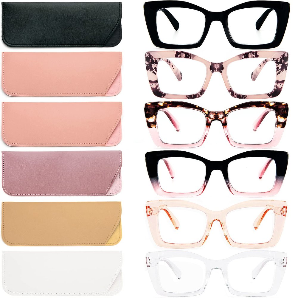 REAVEE 6 Pack Oversized Square Reading Glasses Oprah Style for Women, Blue Light Blocking Large Frame Computer Designer Fashion Readers Spring Hinge with Leather Case,3.5
