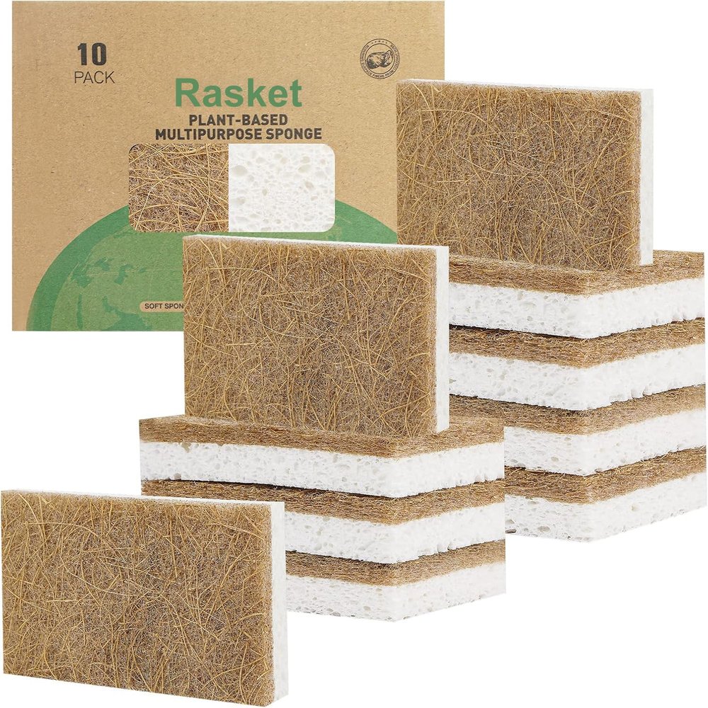 Rasket 10 Pack Biodegradable Natural Sponges Kitchen - Compostable Cellulose and Coconut Walnut Scrubber Sponge - Eco Friendly Sponges for Dishes