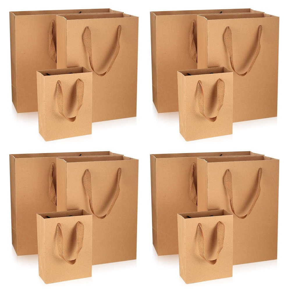 12 Pcs Kraft Paper Bags with Handles, Brown Paper Gift Bags Bulk, Small, Medium & Large Retail Bags for Small Business, Shopping Bag s, Birthday Party Favor Bag, Merchandise Bag (Brown, L+M+S=12 PCS)