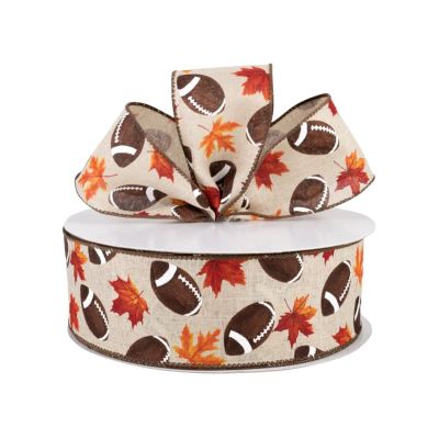 Fall Football Fabric Wired Ribbon, Gift Wrap, Make Crafts, Size 2.5' x 30 Feet