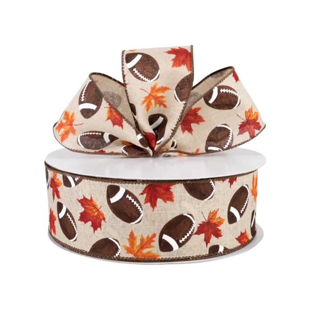 Fall Football Fabric Wired Ribbon, Gift Wrap, Make Crafts, Size 2.5' x 30 Feet