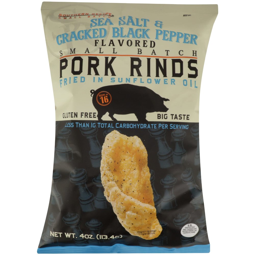 Southern Recipe Small Batch Pork Rinds, Sea Salt & Cracked Black Pepper, No Artificial Colors, 0g Trans Fat, Gluten Free, 4 Ounce (Pack of 6)