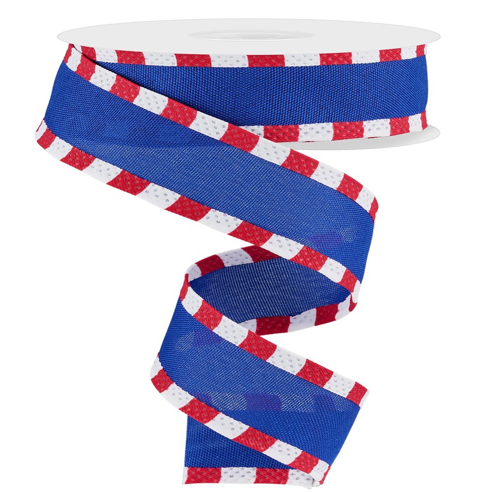 Craig Bachman 1.5 Inch Faux Royal Burlap Stripe Edge Ribbon Patriotic Royal Blue (10 Yards) Fabric, Gift Wrapping, Crafting, Wreath, Bow Wired Ribbon