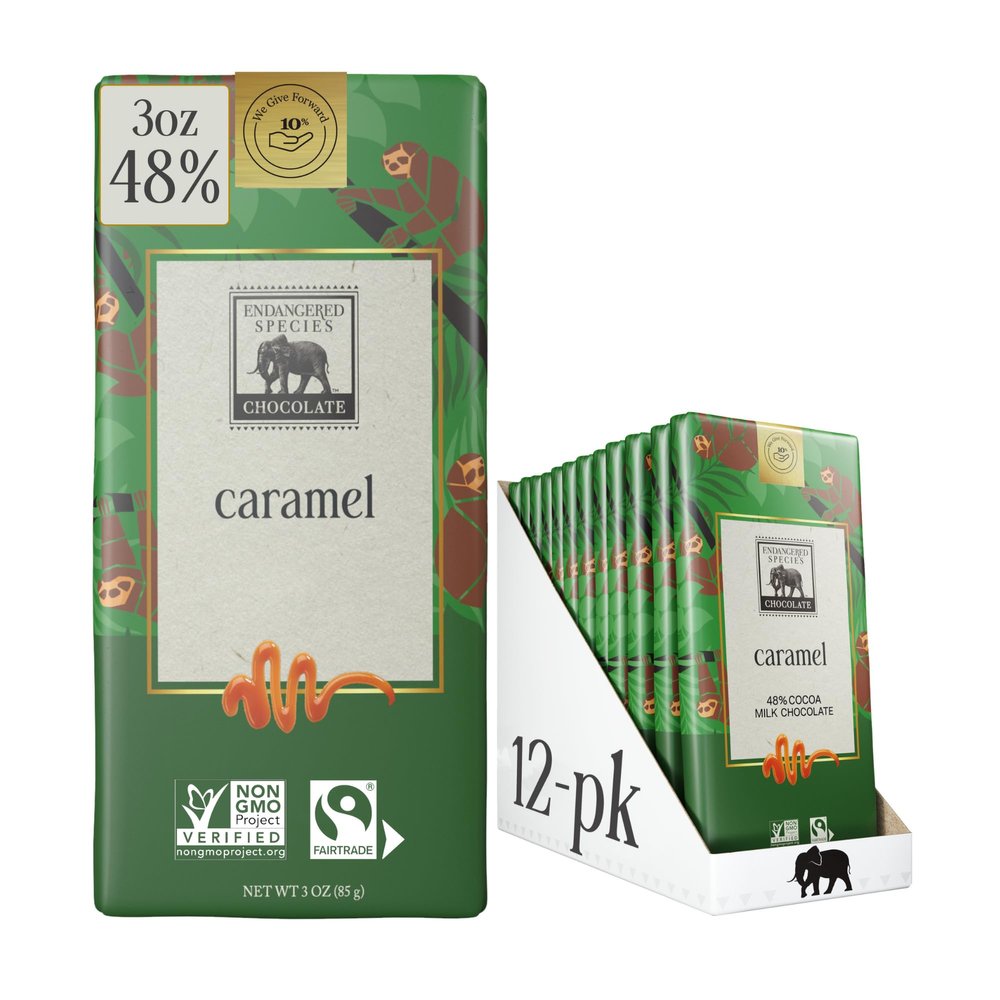 Endangered Species Chocolate Bar 3oz (12 Pack) (Natural 48% Cacao Milk Chocolate w/Caramel)