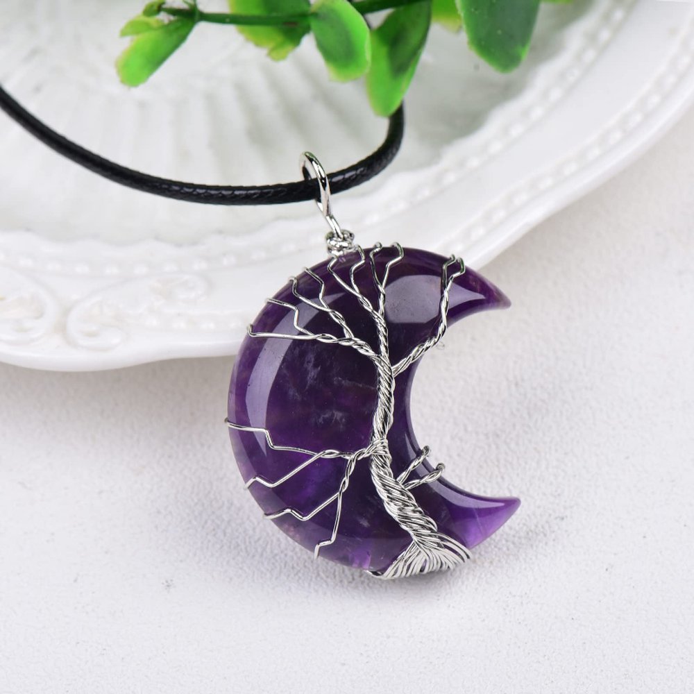 1PC Natural Crystal Pendant Moon ShapeTree of Life Raw Crystals Mineral Stone Unisex Gift,Moon Amethyst,1pcs
