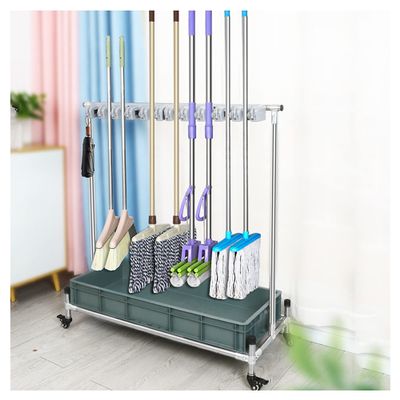 Movable Broom Mop Holder,Commercial Mop Rack, Cleaning Tool Cart,Storage and Organizatio,Umbrella Stand, Mop Drain Rack can put wet mops,with Gray Tray,for Garage, Garden,Schools,Hospitals ( Color : W