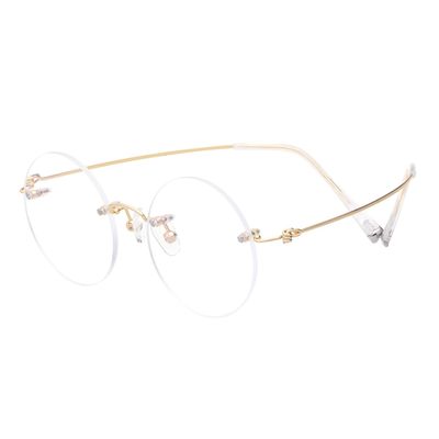 HELES 46mm Round Rimless Pure Titanium Reading Glasses for Women Polycarbonate Single Vision UV400 Coating Eyeglasses Reader-Gold||+2.00 Strength