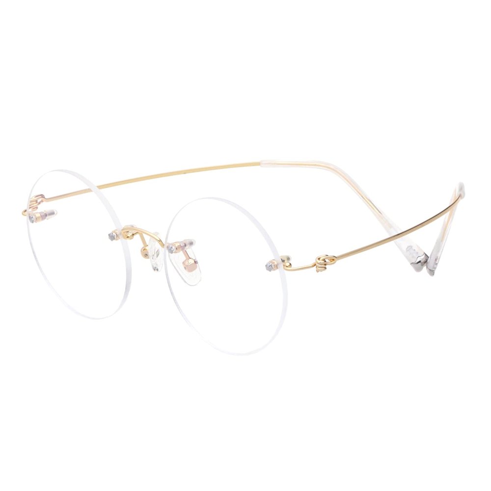 HELES 46mm Round Rimless Pure Titanium Reading Glasses for Women Polycarbonate Single Vision UV400 Coating Eyeglasses Reader-Gold||+2.00 Strength