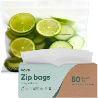 Vove Compostable Snack Bags 50 Ct  PFAS-Free, BPI Certified, Freezer Safe with Airtight Seal for Snacks & School Lunches, Plant-Based