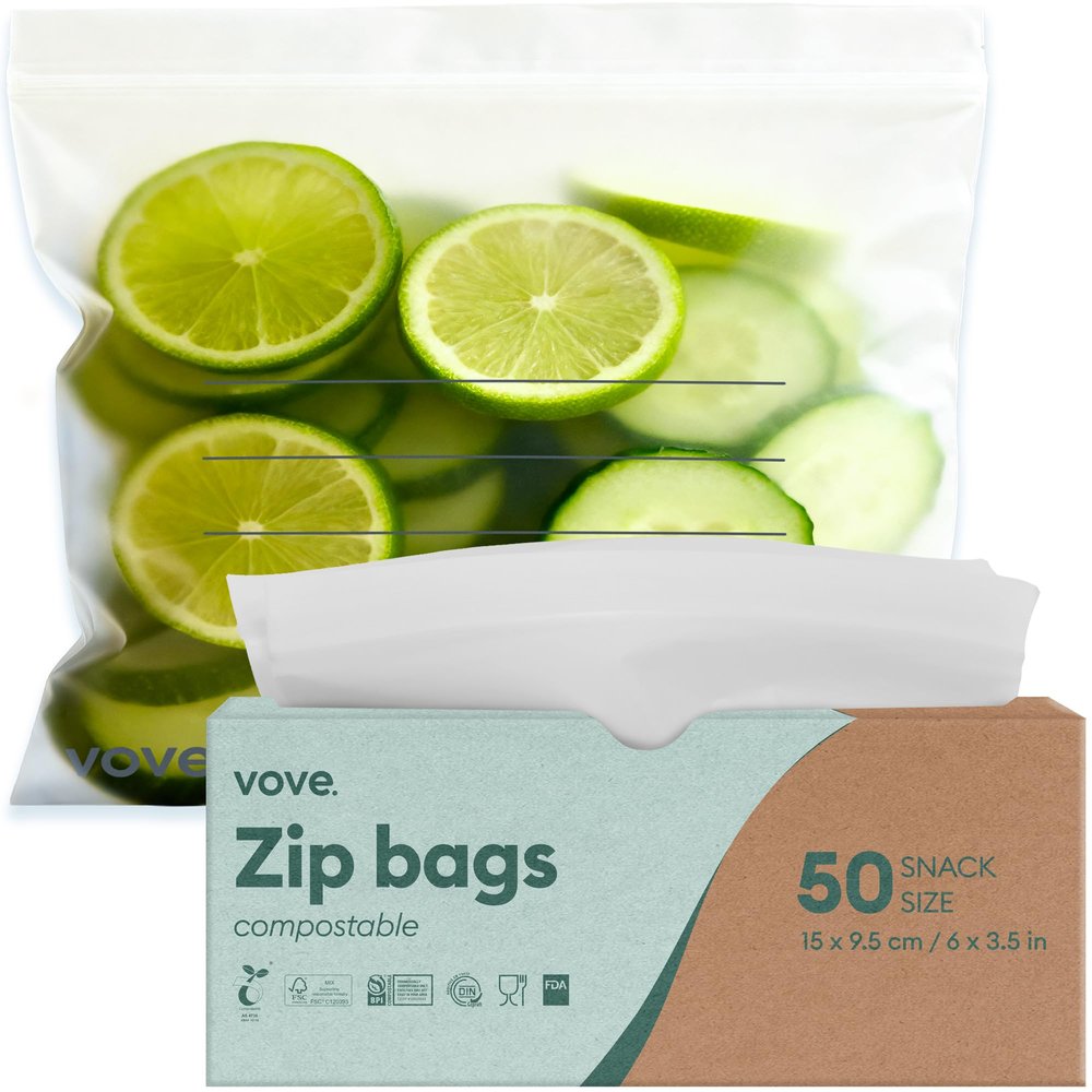 Vove Compostable Snack Bags 50 Ct  PFAS-Free, BPI Certified, Freezer Safe with Airtight Seal for Snacks & School Lunches, Plant-Based