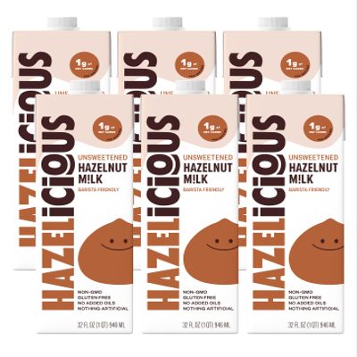 Hazelicious Unsweetened Hazelnut Milk, Non-Dairy, Non-GMO, Plant-Based, and Vegan, Froths Perfectly and Barista-Friendly, No Added Sugars, 32 Fl Oz Cartons (Pack of 6)