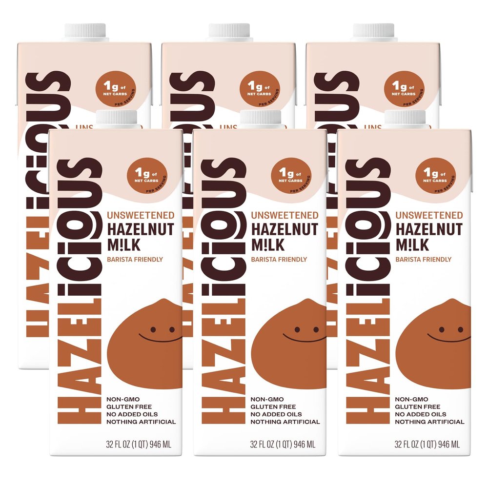 Hazelicious Unsweetened Hazelnut Milk, Non-Dairy, Non-GMO, Plant-Based, and Vegan, Froths Perfectly and Barista-Friendly, No Added Sugars, 32 Fl Oz Cartons (Pack of 6)