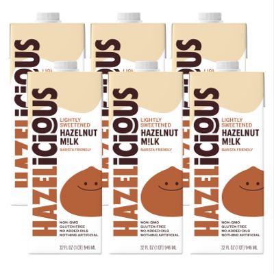 Hazelicious Lightly Sweetened Hazelnut Milk, Non-Dairy, Non-GMO, Plant-Based, and Vegan, Froths Perfectly and Barista-Friendly, 32 Fl Oz Cartons (Pack of 6)