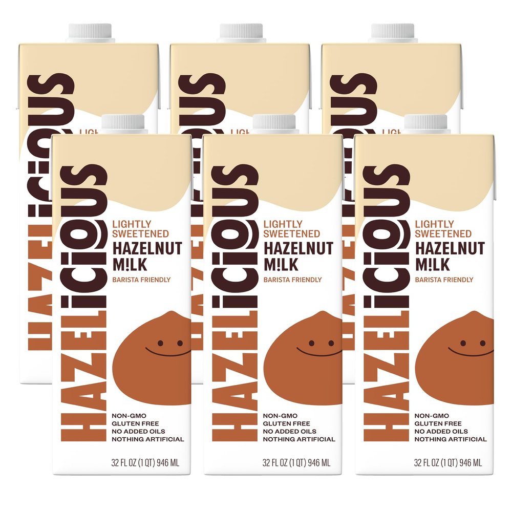 Hazelicious Lightly Sweetened Hazelnut Milk, Non-Dairy, Non-GMO, Plant-Based, and Vegan, Froths Perfectly and Barista-Friendly, 32 Fl Oz Cartons (Pack of 6)
