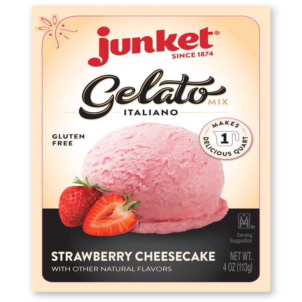 Junket Gelato Mix: Strawberry Cheesecake Homemade Gelato Ice Cream Mix for Ice Cream Maker or Stir By Hand, Start to Finish in Minutes, 4 ounce box, Yields 1 quart Frozen Gelato (Pack of 1)
