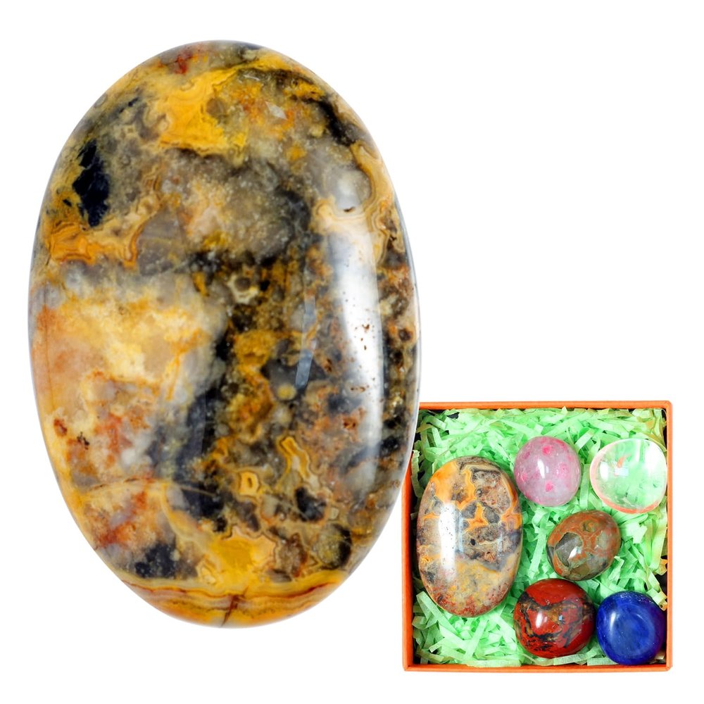 1PC Crazy Agate Natural Oval Worry Stone 2.4", STINO Real Crystal Palm Stone for Anxitey, Pocket Healing Crystal Gemstones (Crazy Agate)