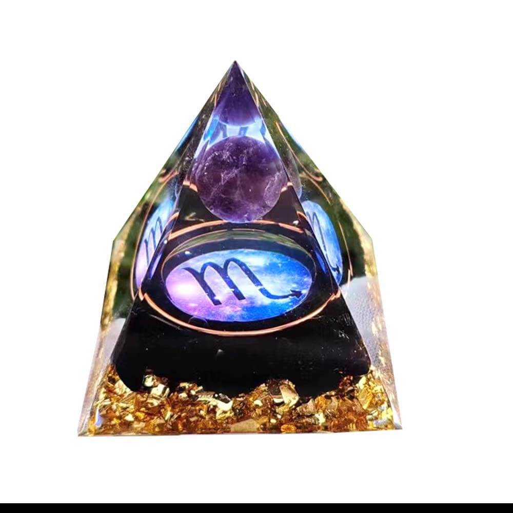 12 Zodiac Leo Orgone Crystal Pyramid, Amethyst Crystal Ball for Libra Zodiac, Meditation Pyramids- Positive Energy Generator for Healing (#H-Scorpio)