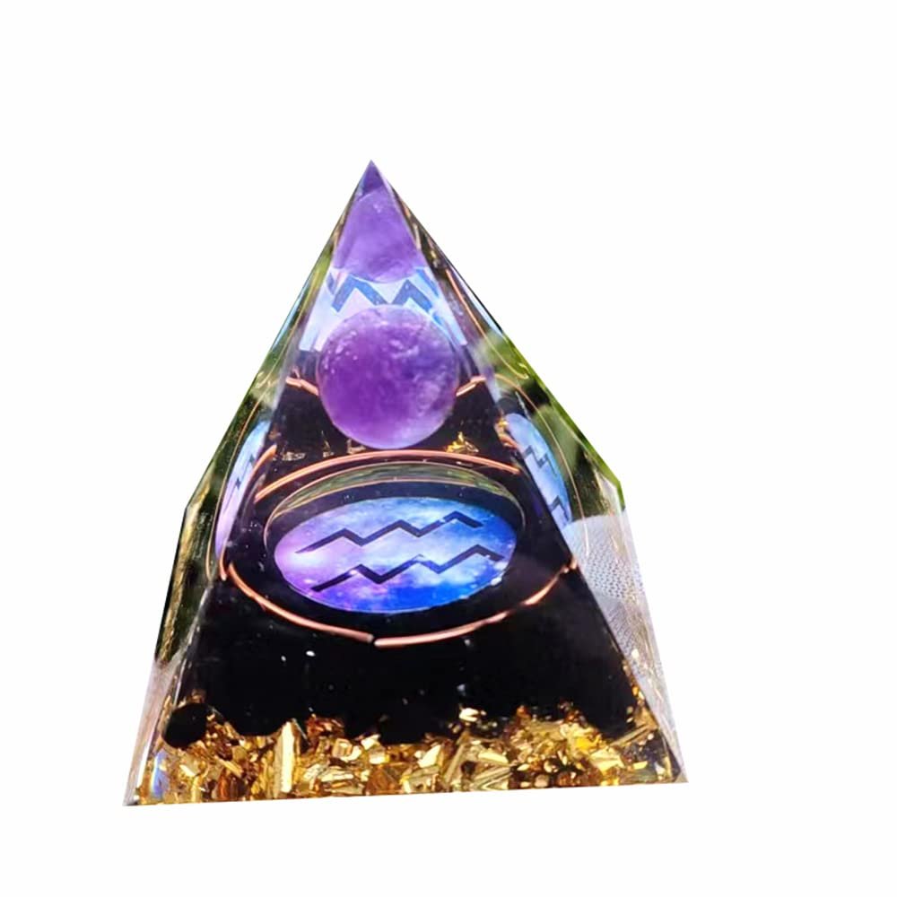 12 Zodiac Leo Orgone Crystal Pyramid, Amethyst Crystal Ball for Libra Zodiac, Meditation Pyramids- Positive Energy Generator for Healing (#K-Aquarius)