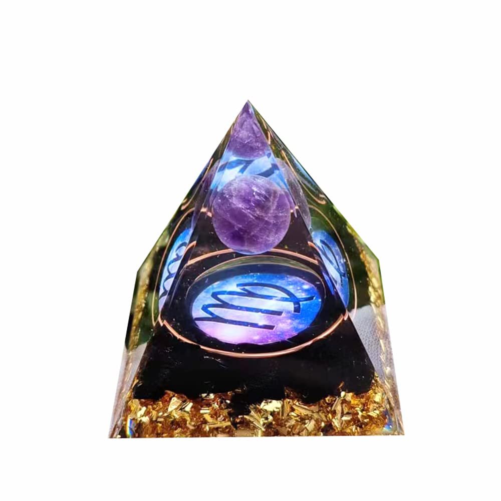 12 Zodiac Leo Orgone Crystal Pyramid, Amethyst Crystal Ball for Libra Zodiac, Meditation Pyramids- Positive Energy Generator for Healing (#F-Virgo)