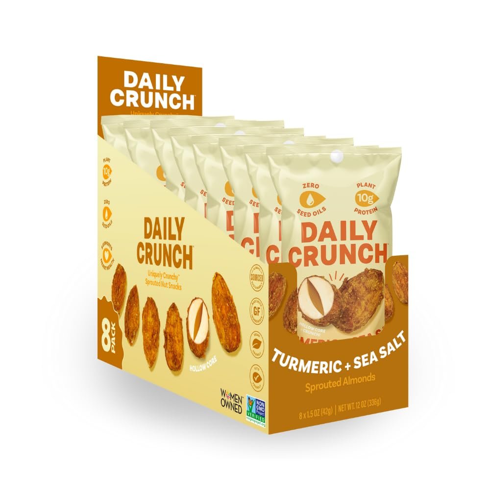 Daily Crunch Sprouted Almonds, 1.5 Ounce Mini, On-The-Go Bags, Sprouted and Dehydrated for a Unique Crunch, Keto Friendly, Non-GMO (1.5 Ounce, Turmeric & Sea Salt)