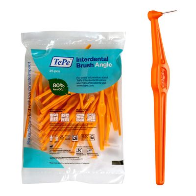 TePe Interdental Brush Angle, Angled Dental Brush for Teeth Cleaning, Pack of 25, 0.45 mm, Extra-Small/Small Gaps, Orange, Size 1